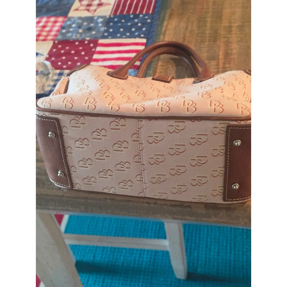Dooney & Bourke Signature Monogram Beige Canvas Satchel Bag Brown Leather Trim